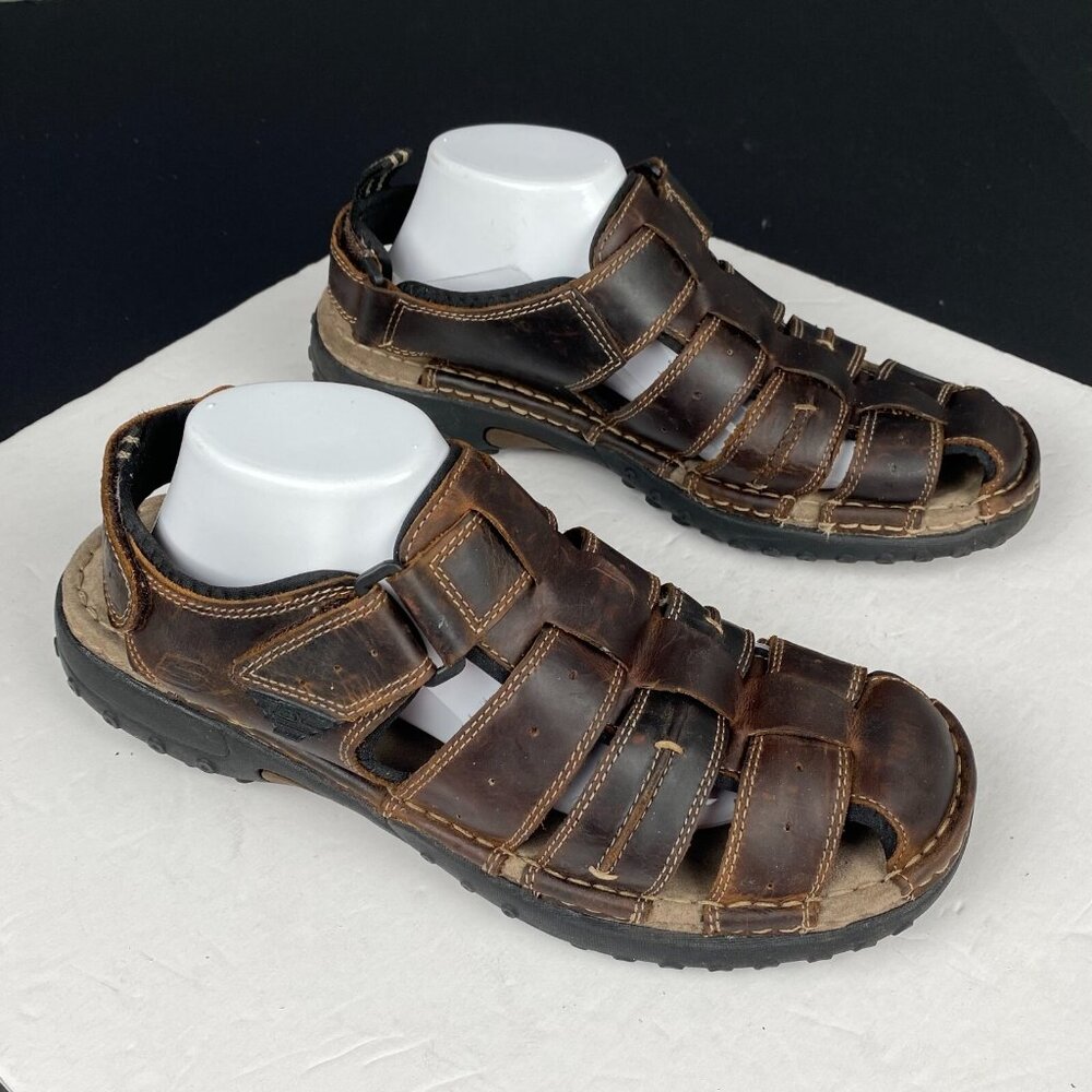 Men's 11 M Skechers Brown Leather Closed Toe Fisherman Sandals Hook & Loop Shoes